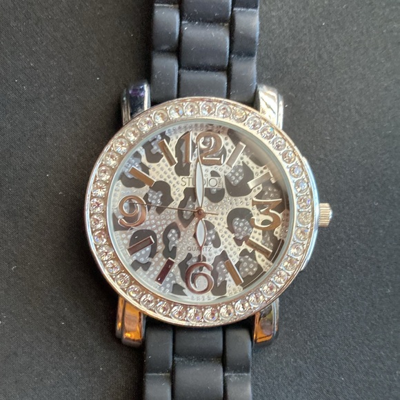 Studio Time Quartz Watch, Silver Tone, Camouflage Face, Rhinestones, Black Band - Picture 8 of 15